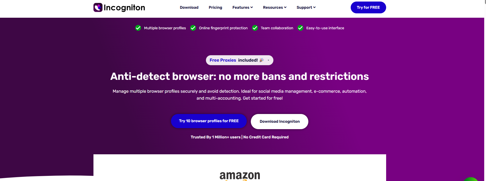 _Incogniton antidetect browser homepage featuring browser profiles, fingerprint protection, and multi-account management
